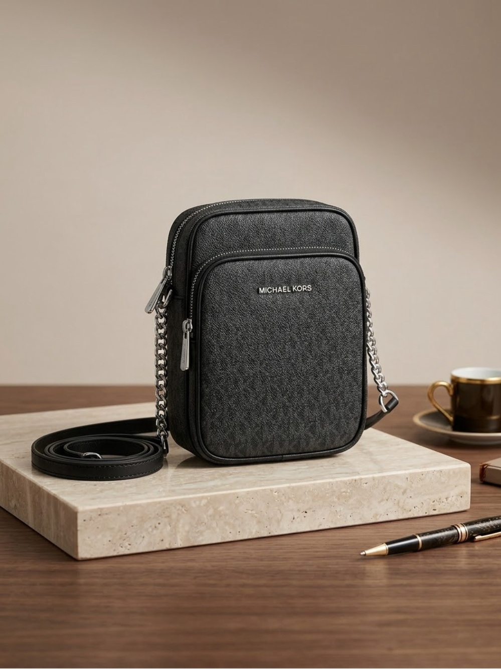 Michael Kors Black Monogram Crossbody Phone Pouch
